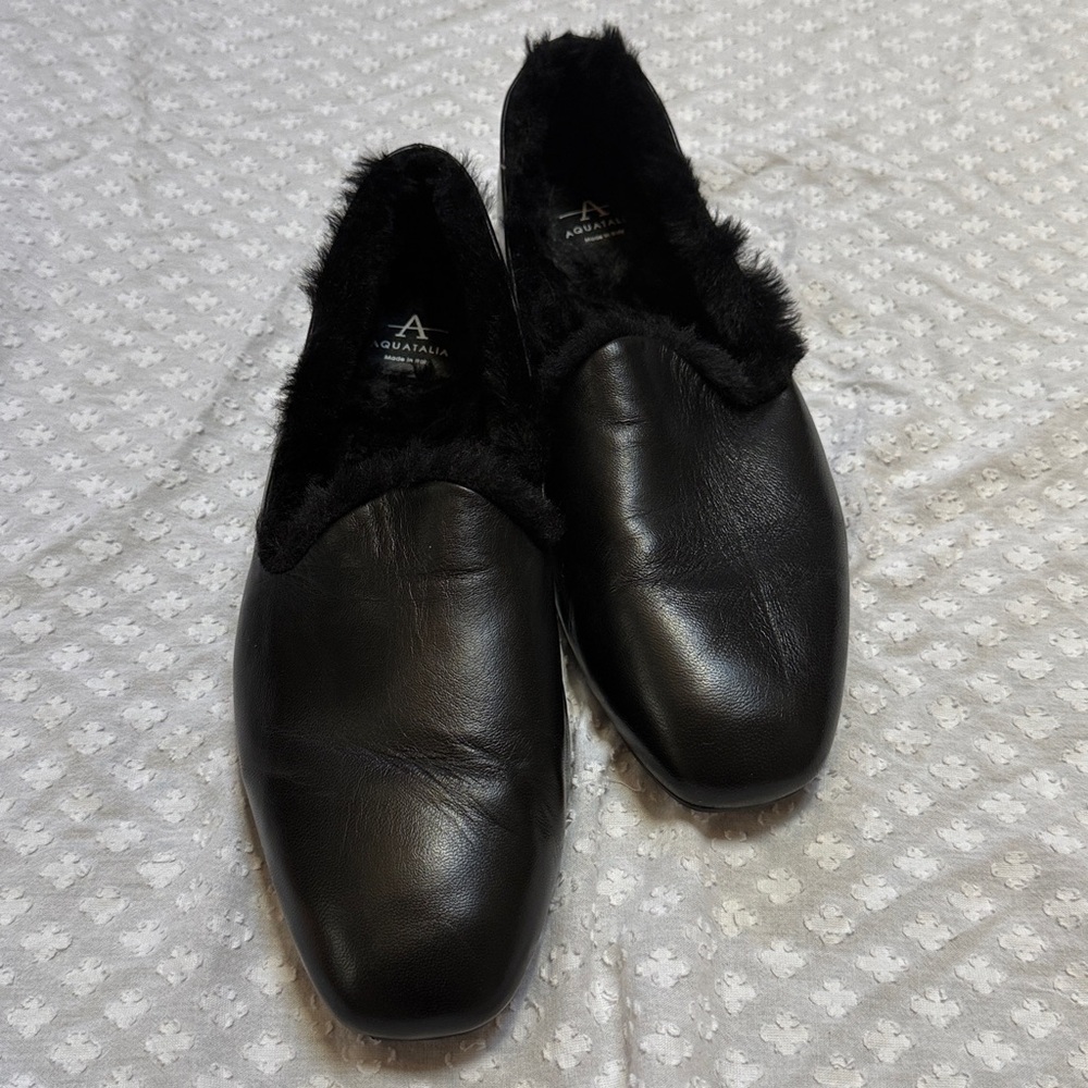 Aquatalia Black Rayla Leather Faux Fur Lined Loafer size 10 1/2